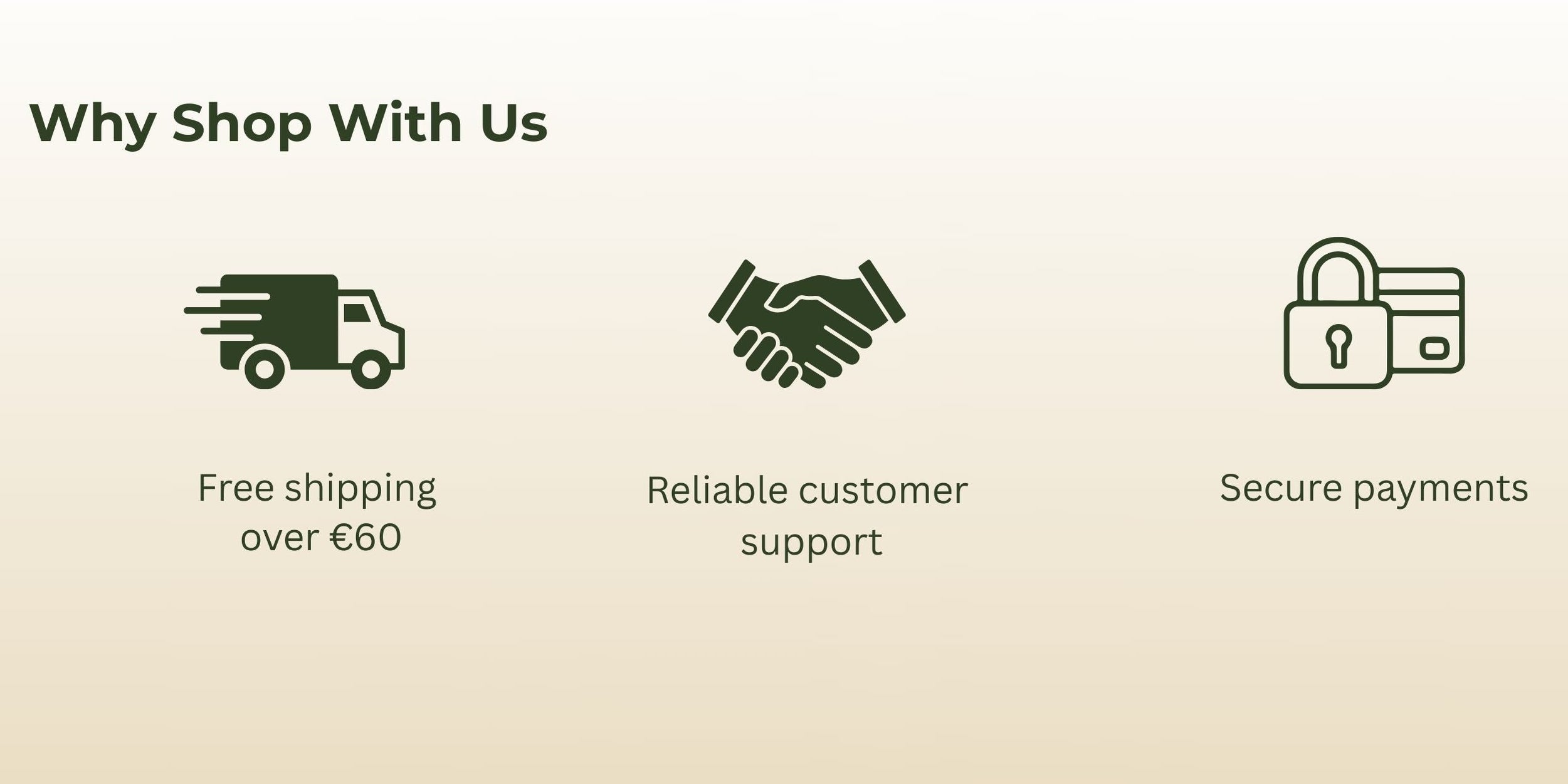 List of reasons to shop with a company, including free shipping over €60, reliable customer support, and secure payments, on a beige background.